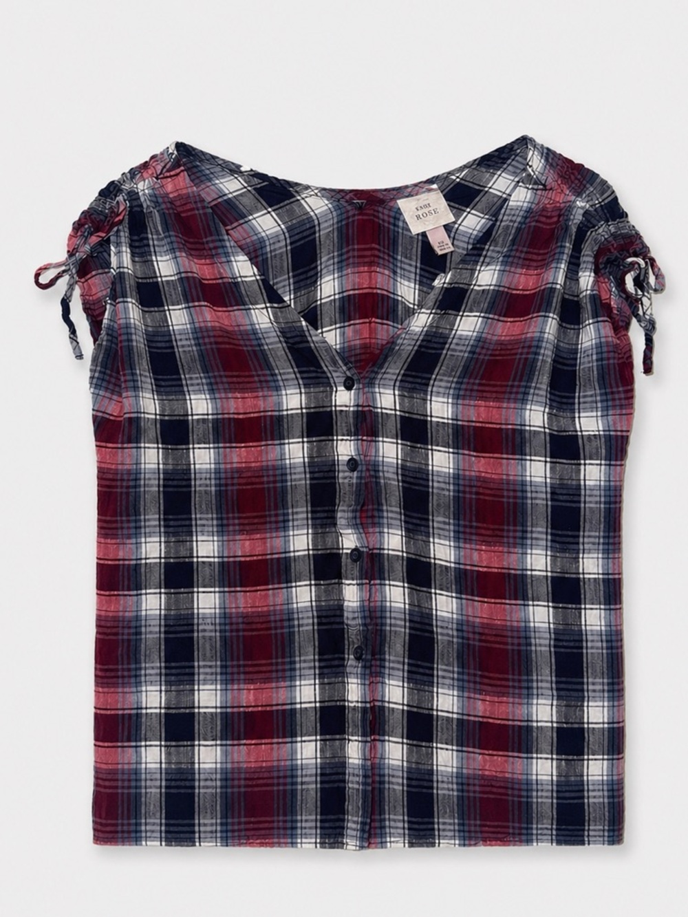 Knox Rose Plaid Blouse Top Red Blue White V-Neck Button Front Tie Sleeve Size XS